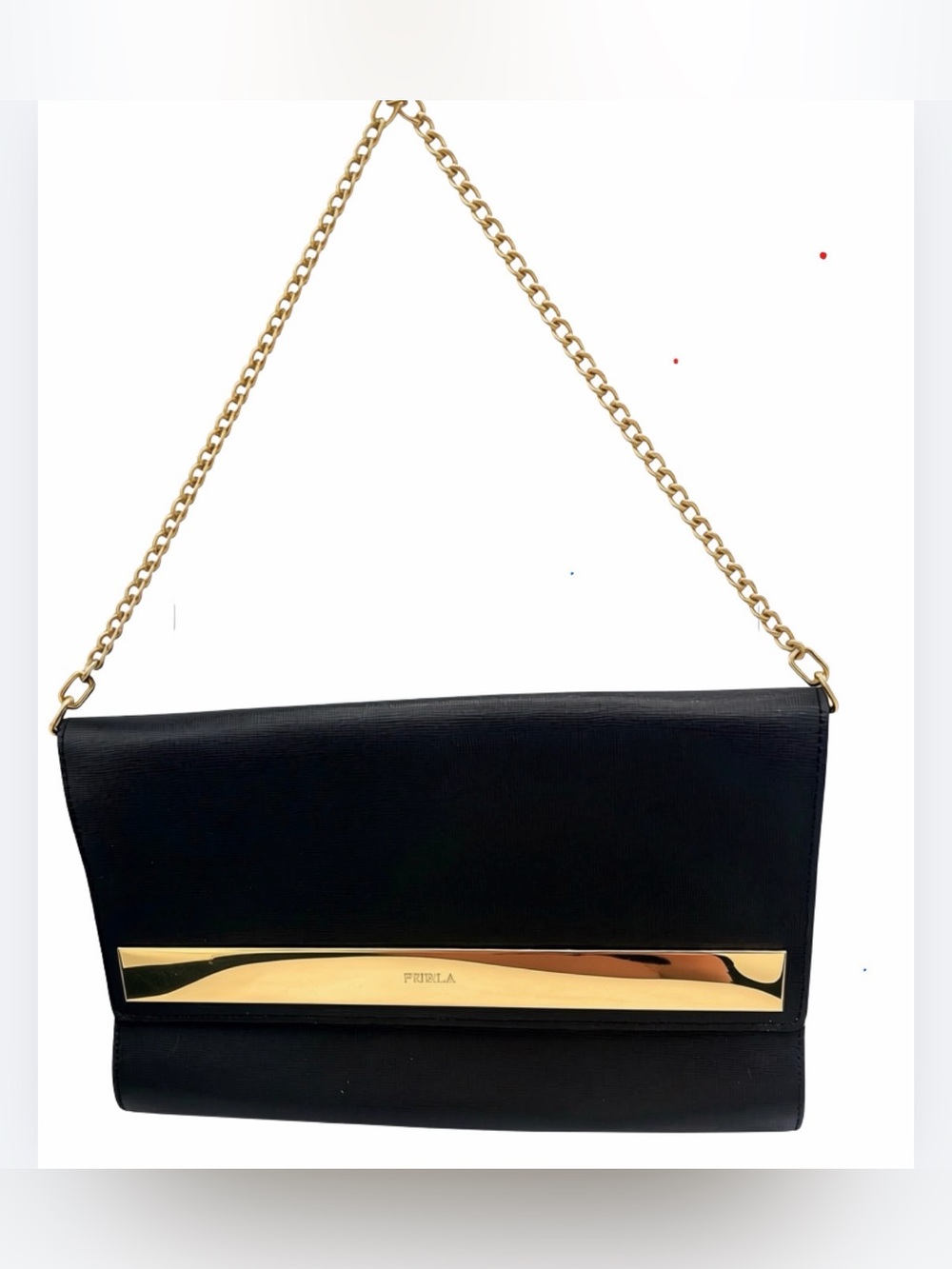 Furla Iride Black Leather Envelope Clutch with Bold Gold Bar Trim and Chain